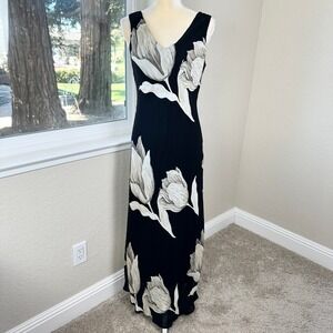 Vintage 90s‎ Tessuto Black Floral Maxi Dress V Neck Sleeveless Womens M Elegant